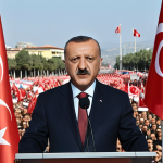 **A successful politician addressing a crowd in Turkey. Focus on conveying competence, charisma, and connection with the audience. Include Turkish flags subtly in the background.**