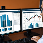 ** A policy analyst reviewing complex data visualizations on a computer screen in a modern office setting. The analyst appears focused and engaged, with charts and graphs depicting economic trends visible in the background.

**