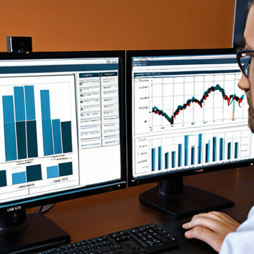 ** A policy analyst reviewing complex data visualizations on a computer screen in a modern office setting. The analyst appears focused and engaged, with charts and graphs depicting economic trends visible in the background.

**