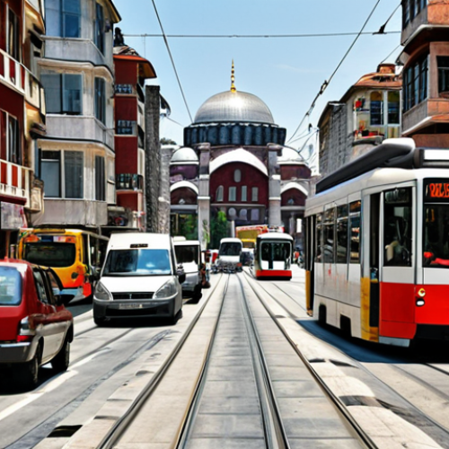 **Prompt:** A bustling city street in Istanbul, Turkey, with modern trams and buses efficiently navigating traffic. Focus on the blend of traditional architecture and smart traffic management systems, symbolizing data-driven urban planning. The scene should convey both progress and the preservation of cultural heritage.