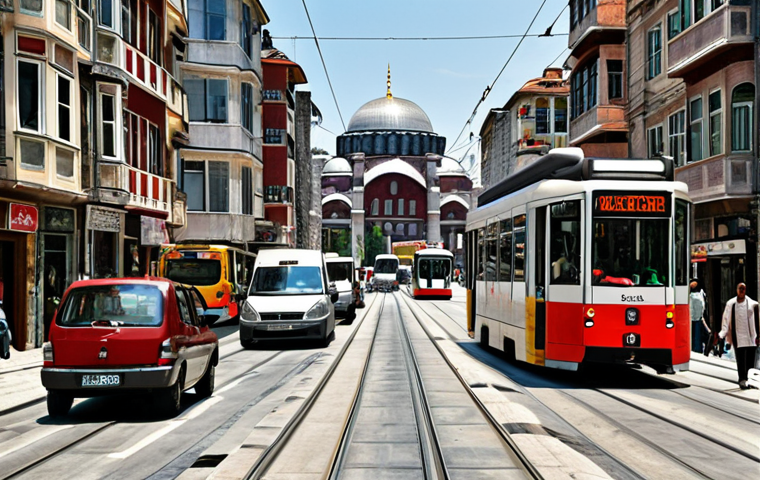 **Prompt:** A bustling city street in Istanbul, Turkey, with modern trams and buses efficiently navigating traffic. Focus on the blend of traditional architecture and smart traffic management systems, symbolizing data-driven urban planning. The scene should convey both progress and the preservation of cultural heritage.