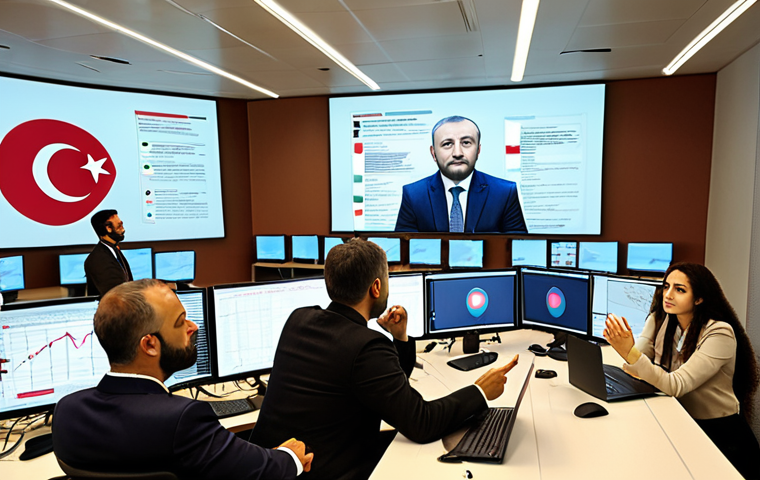 **Image of a diverse group of policy analysts collaborating in a modern office in Ankara. Some are looking at data visualizations on large screens, others are engaged in discussion. The overall atmosphere is one of intellectual stimulation and teamwork, with Turkish flags subtly displayed.** (Focus: Collaboration, Turkish context, data analysis)